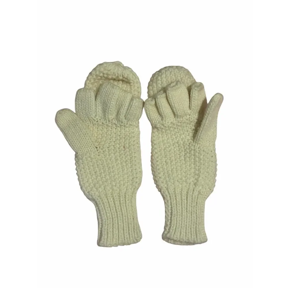 Women's White Solid Fuzzy Hand Knit Bird Mitten Gloves